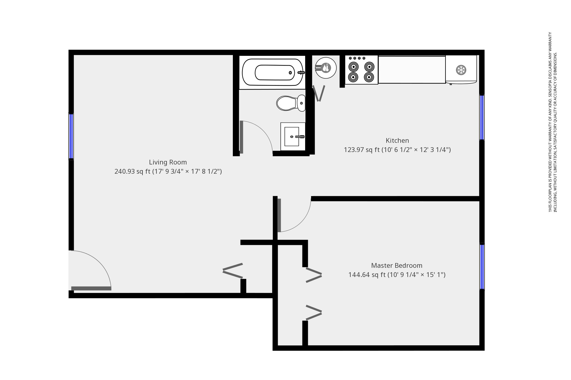 A floor plan of a house with a living room, kitchen, and master bedroom.